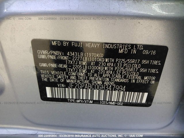 JF2GPABC0GH347994 - 2016 SUBARU CROSSTREK PREMIUM ვერცხლისფერი ფოტო 9