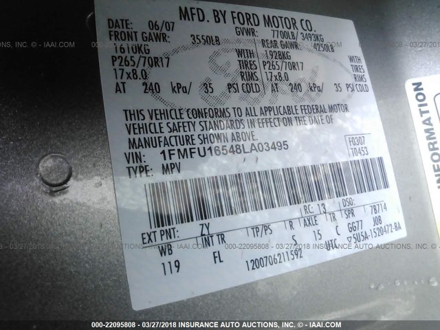 1FMFU16548LA03495 - 2008 FORD EXPEDITION XLT Grau Foto 9