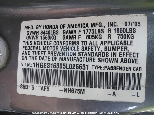 1HGES16305L026631 - 2005 HONDA CIVIC DX VP Boz foto 9