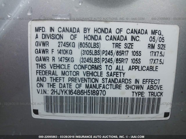 2HJYK16486H518970 - 2006 HONDA RIDGELINE RTS GRAY photo 9