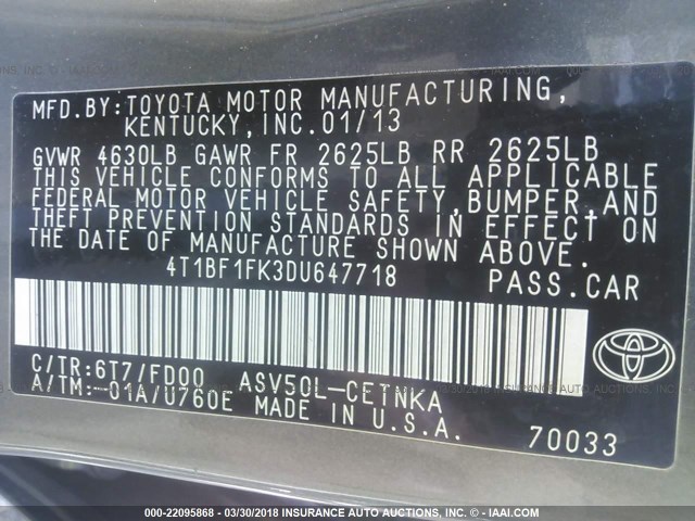 4T1BF1FK3DU647718 - 2013 TOYOTA CAMRY L/SE/LE/XLE GRAY photo 9