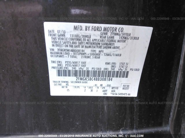 2FMGK5BC4BBD08184 - 2011 FORD FLEX SE Pewter photo 9