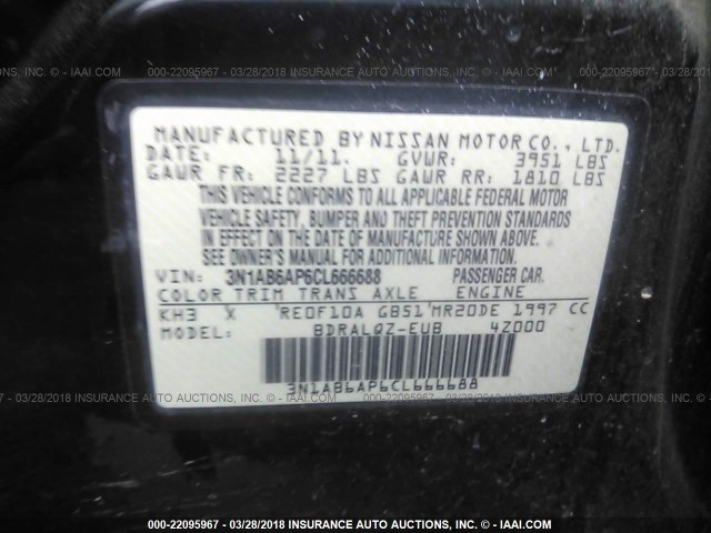 3N1AB6AP6CL666688 - 2012 NISSAN SENTRA 2.0/2.0S/SR/2.0SL BLACK photo 9