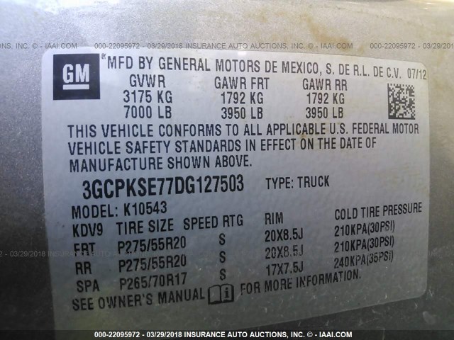 3GCPKSE77DG127503 - 2013 CHEVROLET SILVERADO K1500 LT SILVER photo 9