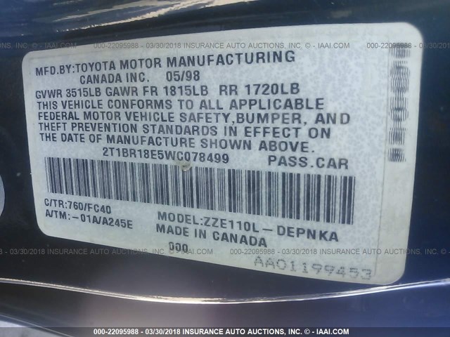 2T1BR18E5WC078499 - 1998 TOYOTA COROLLA VE/CE/LE 蓝色 照片 9