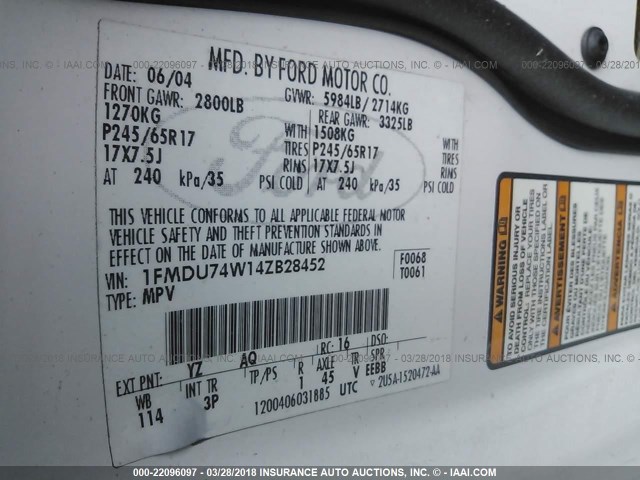 1FMDU74W14ZB28452 - 2004 FORD EXPLORER EDDIE BAUER WHITE photo 9