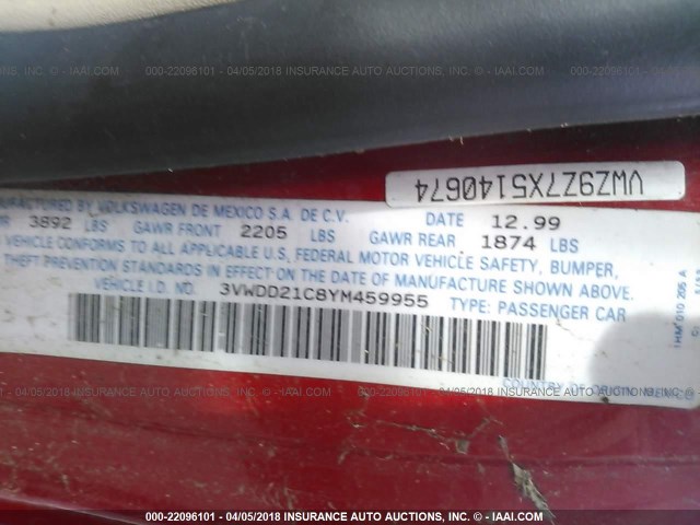 3VWDD21C8YM459955 - 2000 VOLKSWAGEN NEW BEETLE GLX 红色 照片 9