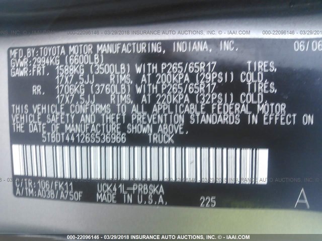 5TBDT44126S536966 - 2006 TOYOTA TUNDRA DOUBLE CAB SR5 GRAY photo 9