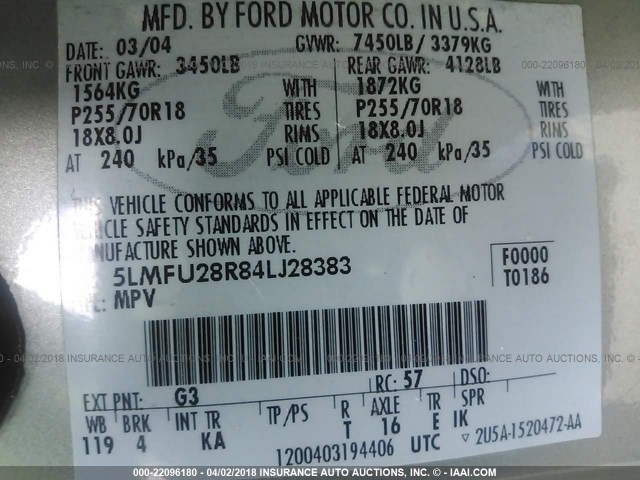 5LMFU28R84LJ28383 - 2004 LINCOLN NAVIGATOR ბეჟი ფოტო 9