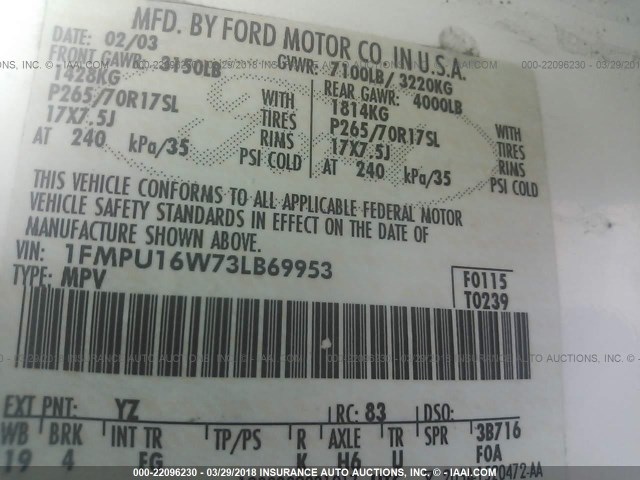 1FMPU16W73LB69953 - 2003 FORD EXPEDITION XLT WHITE photo 9