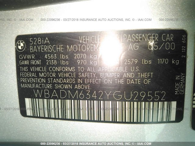 WBADM6342YGU29552 - 2000 BMW 528 I AUTOMATIC SILVER photo 9