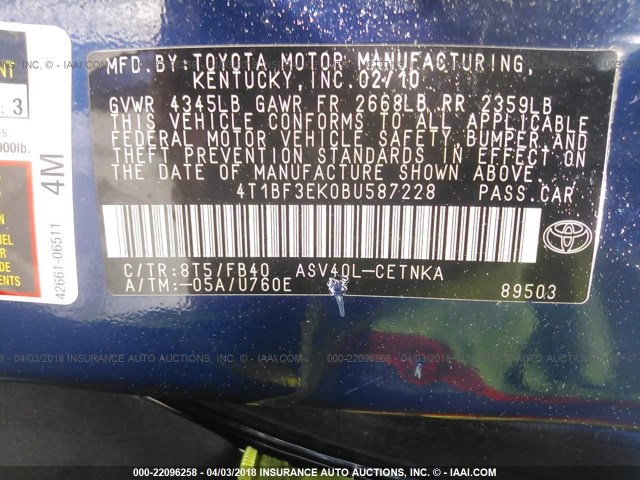 4T1BF3EK0BU587228 - 2011 TOYOTA CAMRY SE/LE/XLE BLUE photo 9