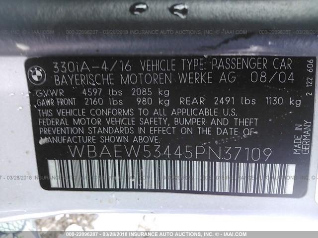 WBAEW53445PN37109 - 2005 BMW 330 XI SILVER photo 9
