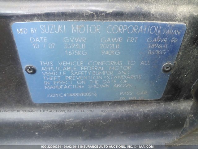 JS2YC414885100516 - 2008 SUZUKI SX4 BLACK photo 9