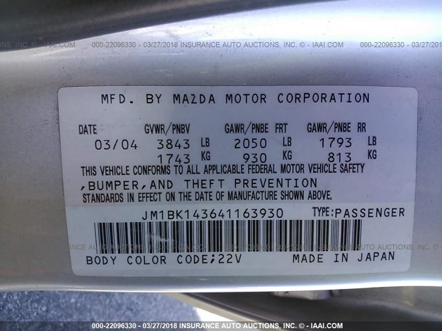 JM1BK143641163930 - 2004 MAZDA 3 HATCHBACK SILVER photo 9