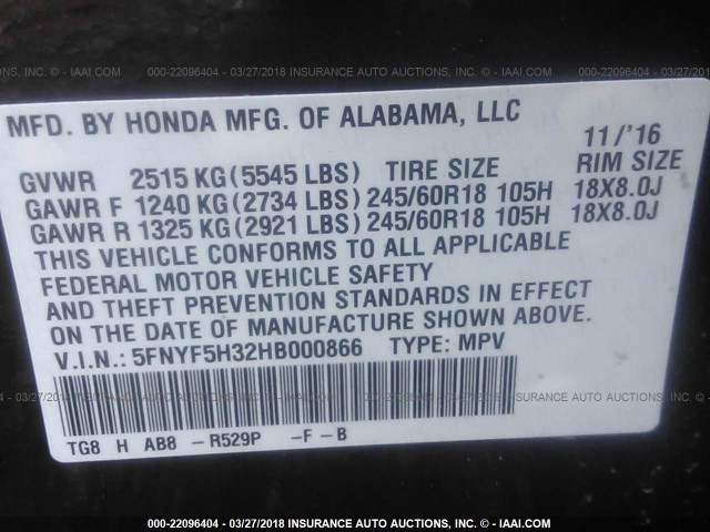 5FNYF5H32HB000866 - 2017 HONDA PILOT EX BURGUNDY photo 9