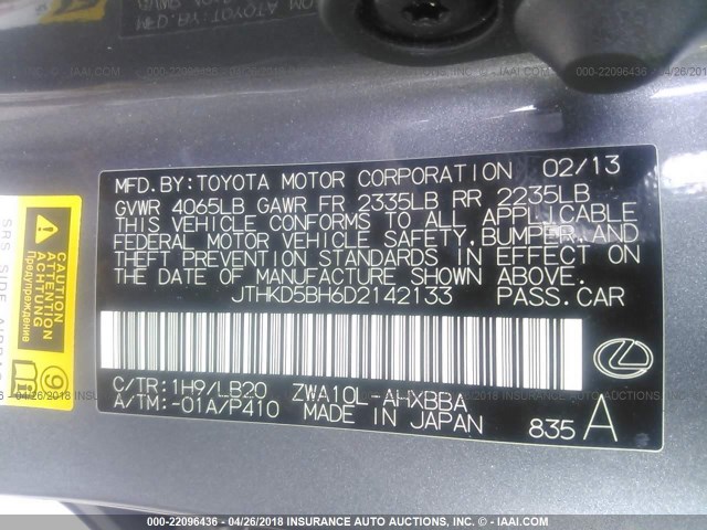 JTHKD5BH6D2142133 - 2013 LEXUS CT 200 GRAY photo 9