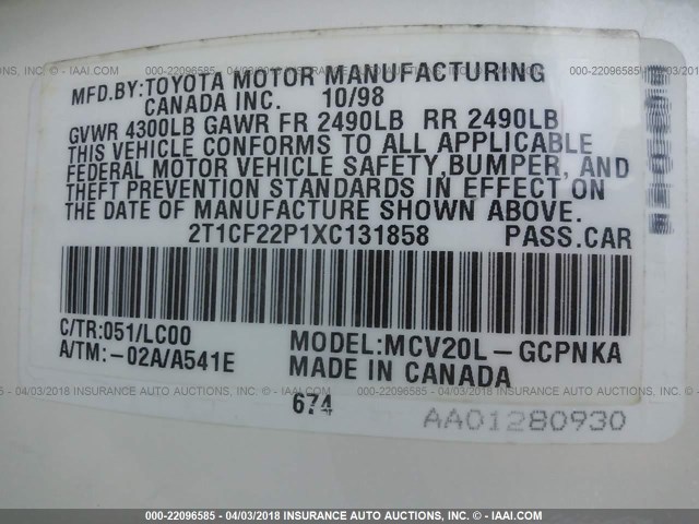 2T1CF22P1XC131858 - 1999 TOYOTA CAMRY SOLARA SE/SLE თეთრი ფოტო 9