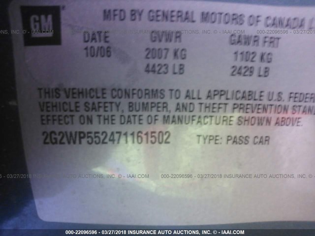 2G2WP552471161502 - 2007 PONTIAC GRAND PRIX GRAY photo 9