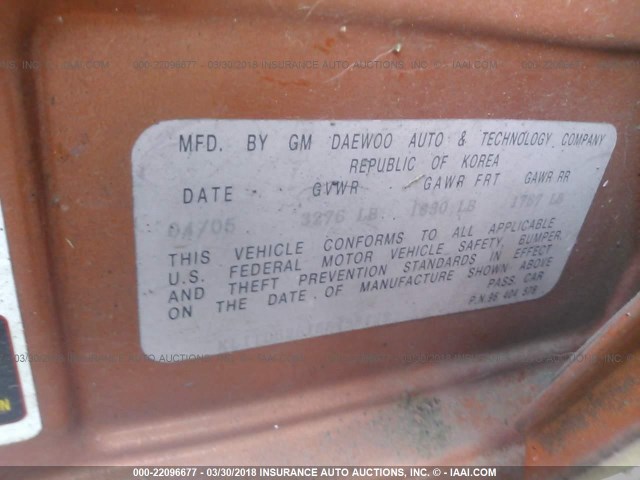 KL1TD62615B458428 - 2005 CHEVROLET AVEO LS ORANGE photo 9