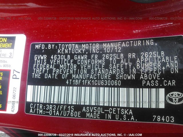 4T1BF1FK1CU630060 - 2012 TOYOTA CAMRY SE/LE/XLE 红色 照片 9