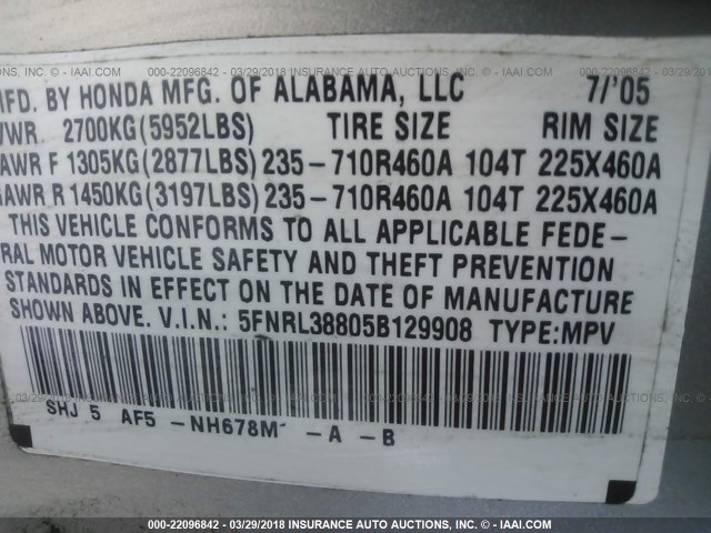 5FNRL38805B129908 - 2005 HONDA ODYSSEY TOURING SILVER photo 9