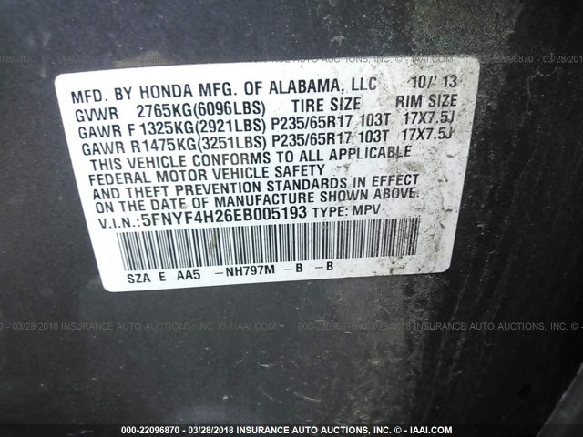 5FNYF4H26EB005193 - 2014 HONDA PILOT LX GRAY photo 9