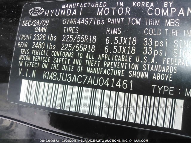 KM8JU3AC7AU041461 - 2010 HYUNDAI TUCSON GLS/LIMITED 黑色 照片 9