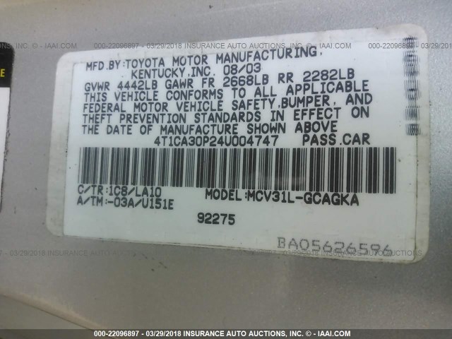 4T1CA30P24U004747 - 2004 TOYOTA CAMRY SOLARA SE/SLE ვერცხლისფერი ფოტო 9