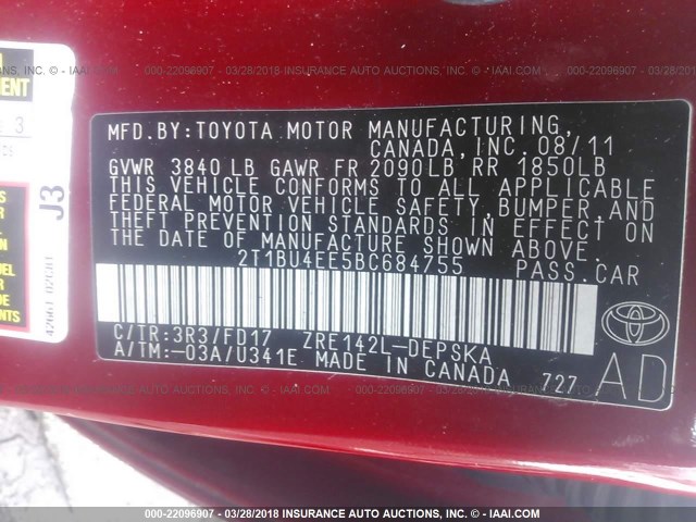 2T1BU4EE5BC684755 - 2011 TOYOTA COROLLA S/LE RED photo 9