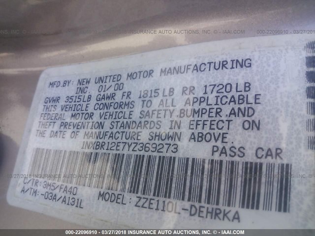 1NXBR12E7YZ369273 - 2000 TOYOTA COROLLA VE/CE/LE 金色 照片 9