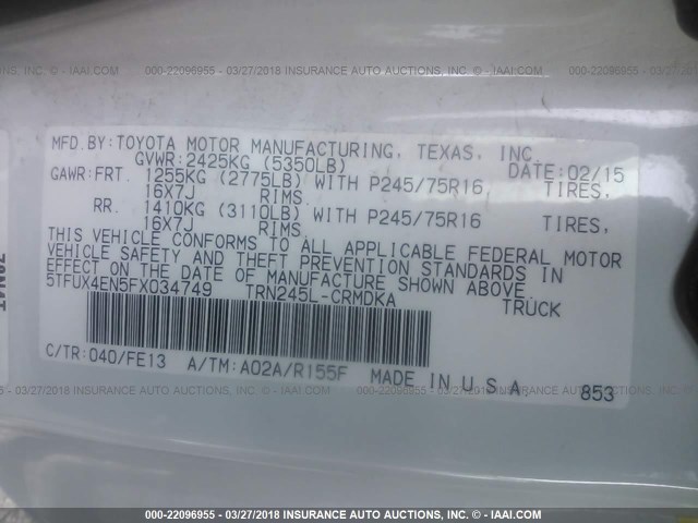 5TFUX4EN5FX034749 - 2015 TOYOTA TACOMA ACCESS CAB Ақ фото 9