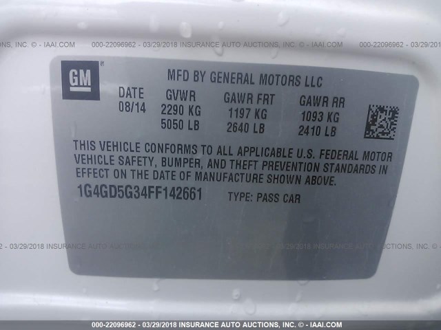 1G4GD5G34FF142661 - 2015 BUICK LACROSSE PREMIUM WHITE photo 9