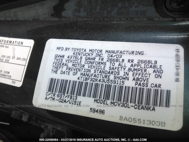 4T1BF32K43U559115 - 2003 TOYOTA CAMRY LE/XLE/SE მწვანე ფოტო 9