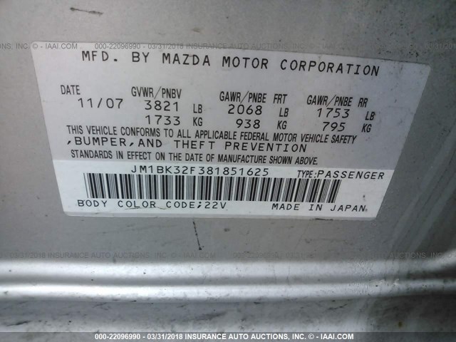 JM1BK32F381851625 - 2008 MAZDA 3 I SILVER photo 9