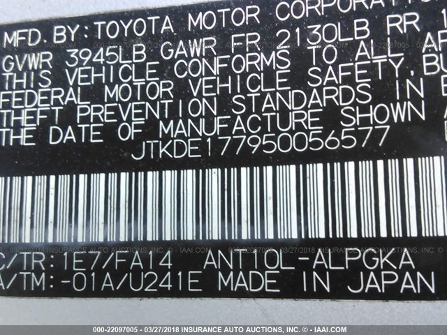 JTKDE177950056577 - 2005 TOYOTA SCION TC 银色 照片 9