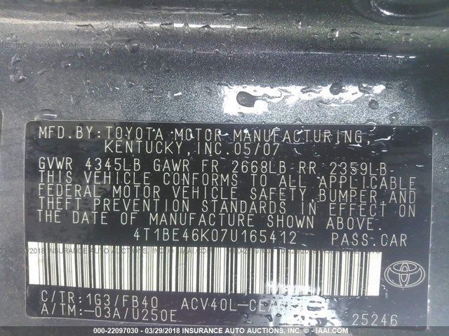 4T1BE46K07U165412 - 2007 TOYOTA CAMRY NEW GENERAT CE/LE/XLE/SE GRAY photo 9