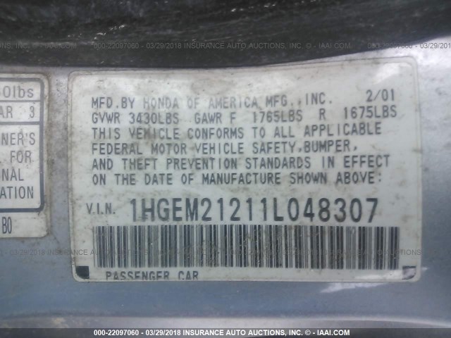 1HGEM21211L048307 - 2001 HONDA CIVIC DX SILVER photo 9