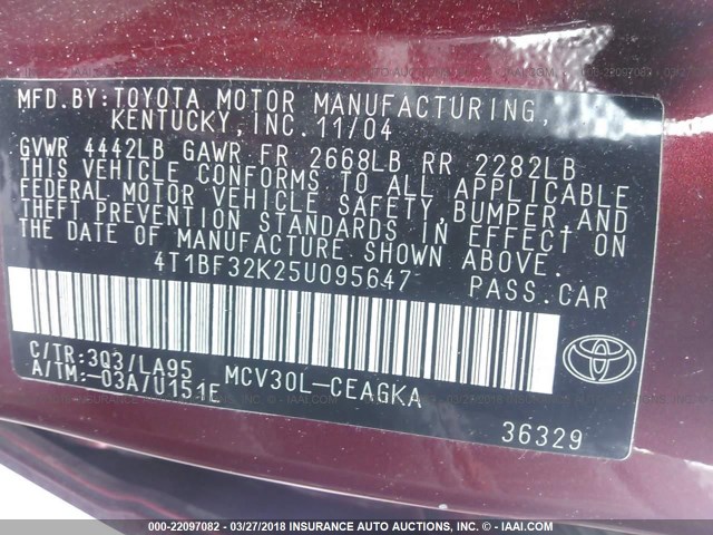 4T1BF32K25U095647 - 2005 TOYOTA CAMRY LE/XLE/SE ბურგუნდია ფოტო 9
