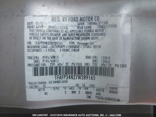 1FAFP34N27W289165 - 2007 FORD FOCUS ZX4/S/SE/SES 银色 照片 9