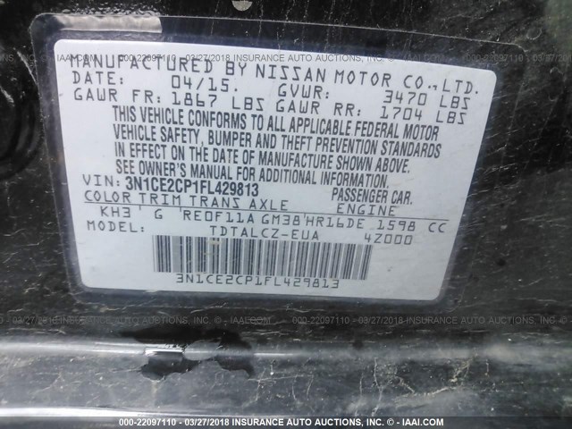 3N1CE2CP1FL429813 - 2015 NISSAN VERSA NOTE S/S PLUS/SV/SL/SR BLACK photo 9