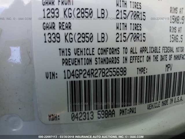 1D4GP24R27B255698 - 2007 DODGE GRAND CARAVAN SE WHITE photo 9