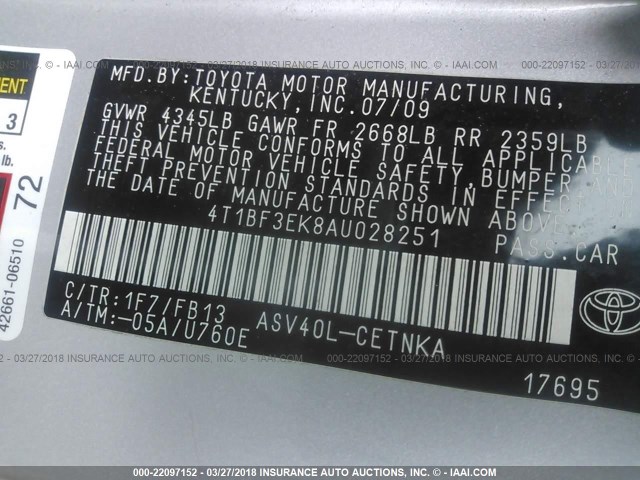 4T1BF3EK8AU028251 - 2010 TOYOTA CAMRY SE/LE/XLE SILVER photo 9