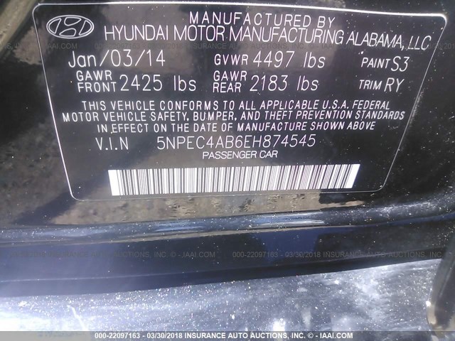 5NPEC4AB6EH874545 - 2014 HYUNDAI SONATA SE/LIMITED BLACK photo 9