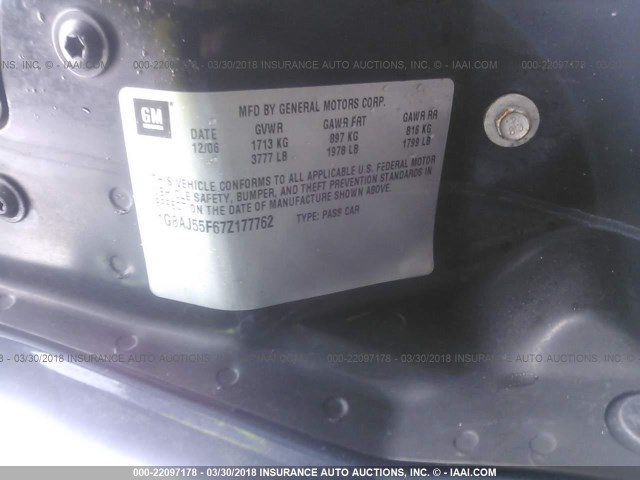 1G8AJ55F67Z177762 - 2007 SATURN ION LEVEL 2 BLUE photo 9