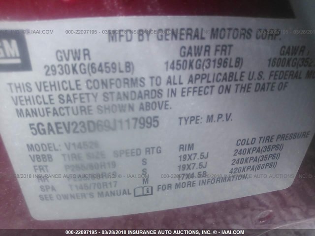 5GAEV23D69J117995 - 2009 BUICK ENCLAVE CXL 勃艮第红 照片 9