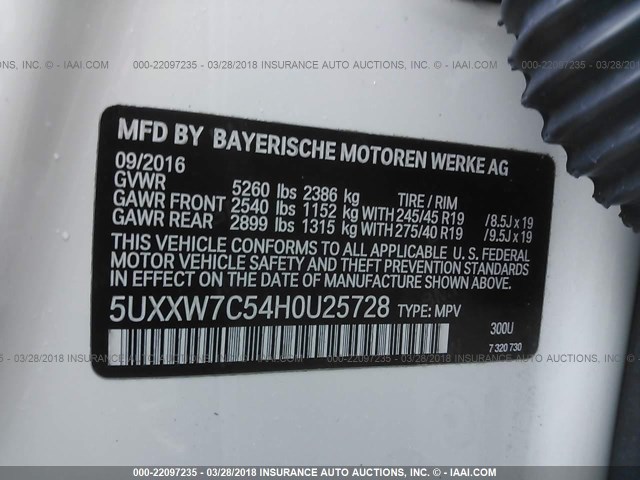 5UXXW7C54H0U25728 - 2017 BMW X4 XDRIVEM40I WHITE photo 9