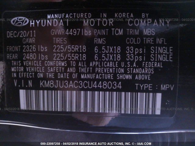 KM8JU3AC3CU448034 - 2012 HYUNDAI TUCSON GLS/LIMITED 黑色 照片 9