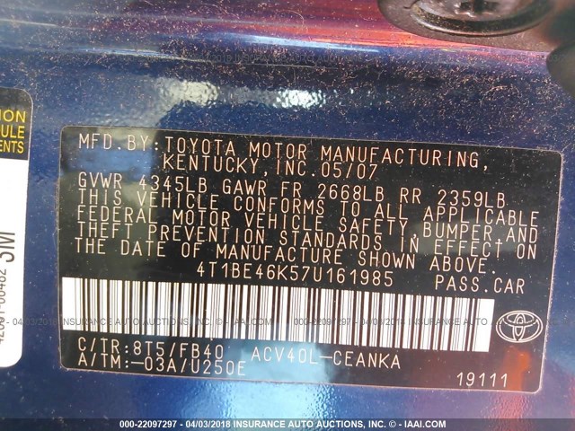 4T1BE46K57U161985 - 2007 TOYOTA CAMRY NEW GENERAT CE/LE/XLE/SE BLUE photo 9