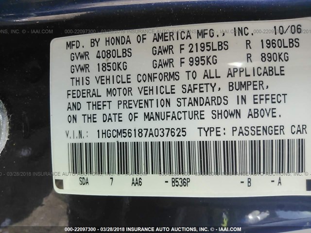 1HGCM56187A037625 - 2007 HONDA ACCORD VALUE BLUE photo 9